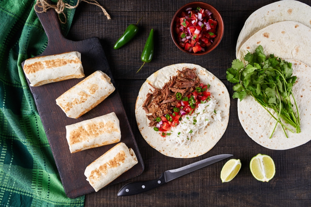 Fajita beef burrito with toppings