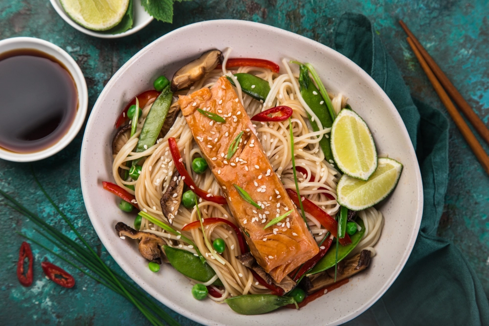 Salmon Teriyaki with Sesame Mangetout Noodles