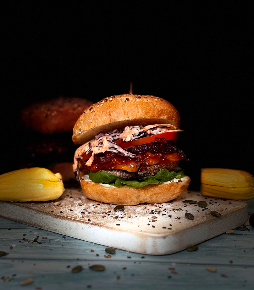 Portobello Mushroom Burger with Cajun Jackfruit & Vegan Slaw