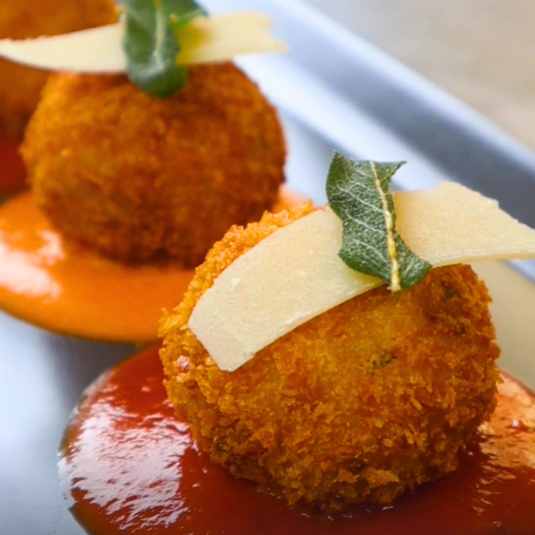 Bacon and Mozzarella Arancini with Pasta Sauce