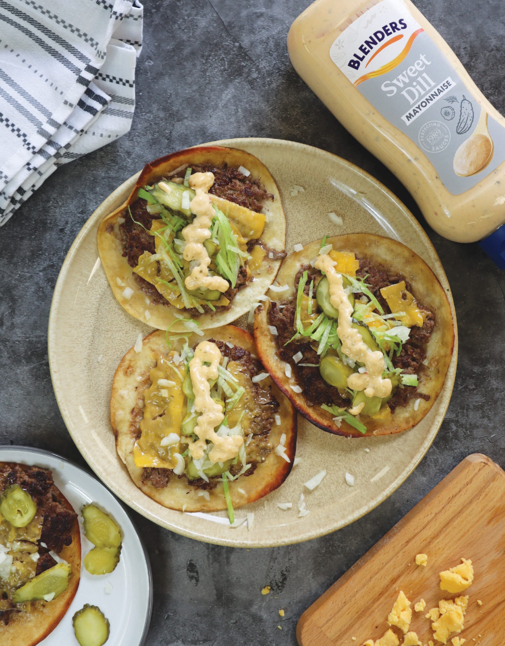 Three smash burger tacos with sweet dill mayonnaise