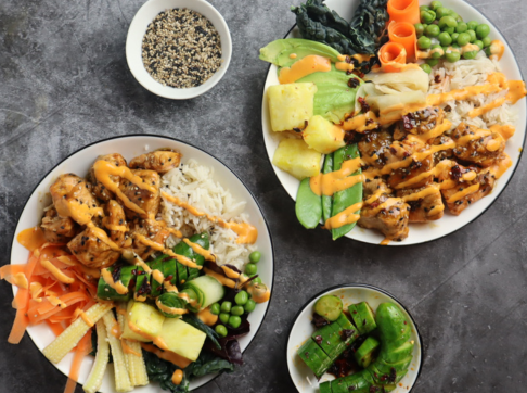 Salmon poke bowl with dynamite drizzle