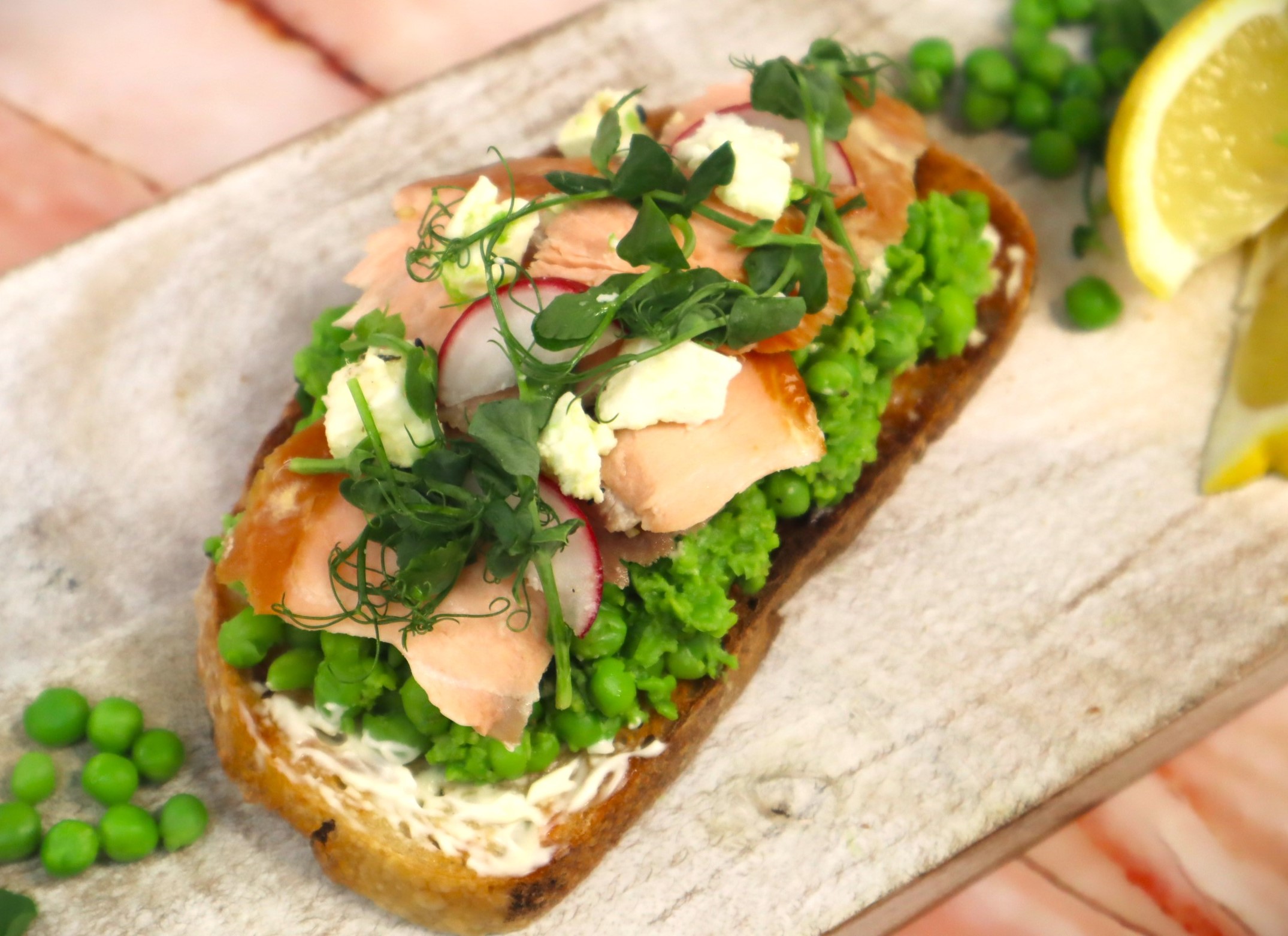 Smashed Pea Sourdough with Feta and Hot smoked Salmon