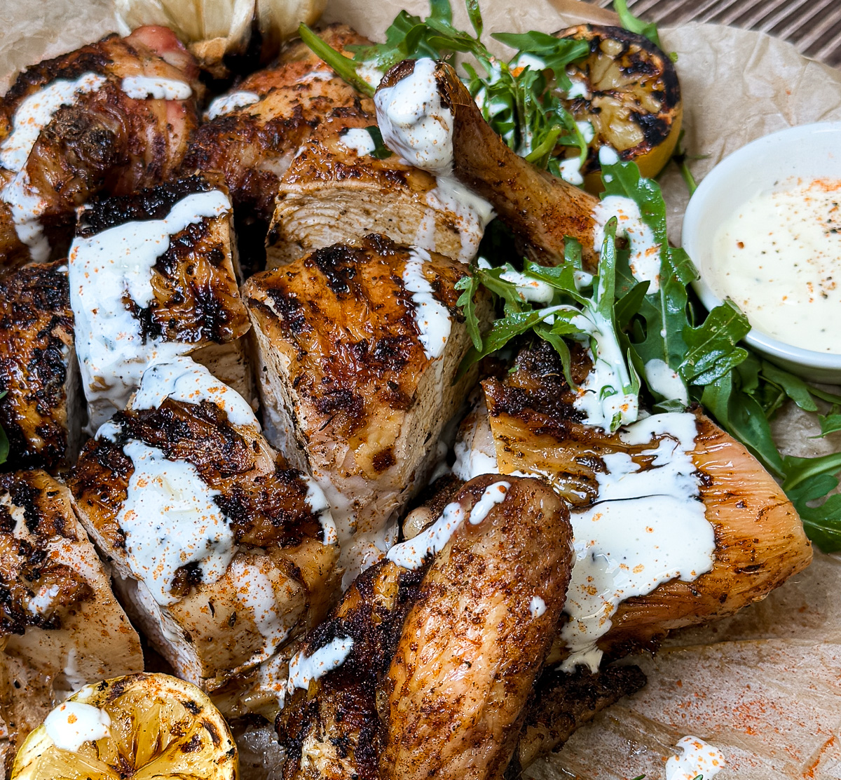 Whiskey Brined Spatchcock Chicken with BBQ Glaze & Whiskey Mayo